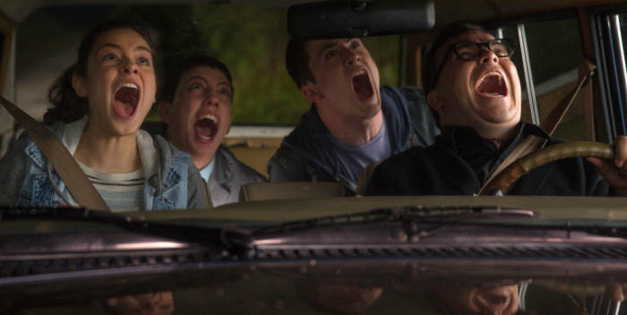 Odeya Rush, left, Ryan Lee, Dylan Minnette and Jack Black in a scene from the motion picture "Goosebumps." CREDIT: Hopper Stone, Columbia Pictures [Via MerlinFTP Drop]