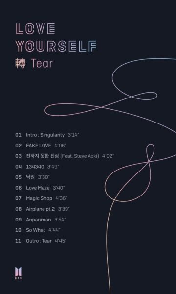 BTS revela tracklist de seu novo álbum, “Love Yourself: Tear”