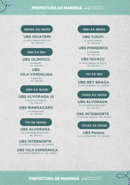 calendário com locais e horarios de atendimento das UBSs de Maringá para vacinação da gripe