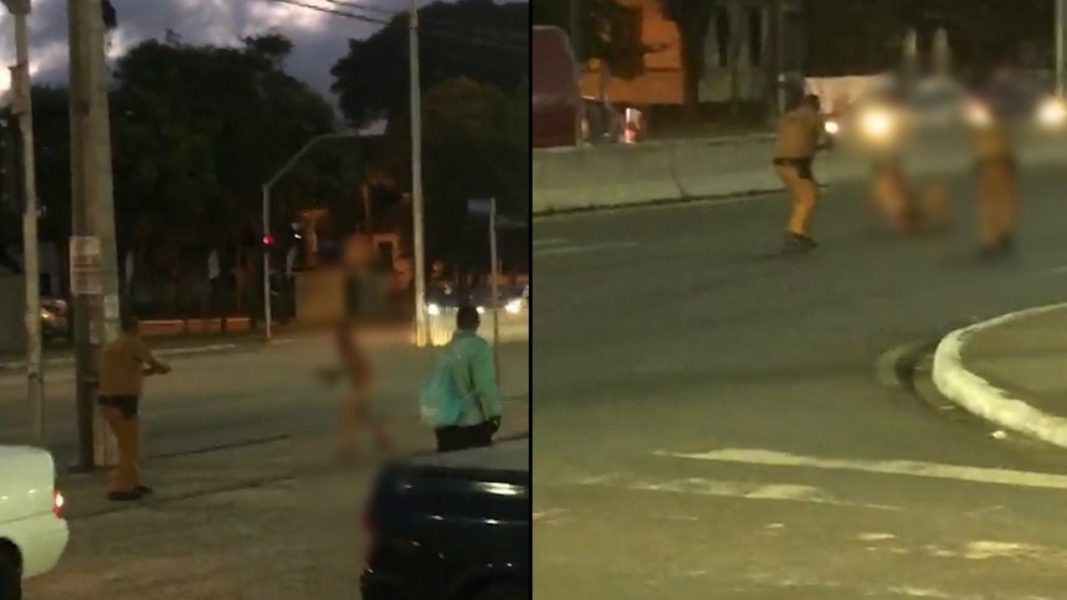 VÍDEO: Em surto e completamente nu, homem tenta atacar PM e é baleado