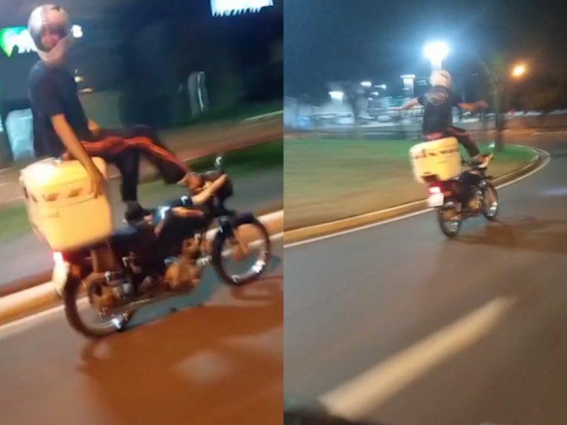 Imprudência: motociclista pilota moto com os pés no guidão em Maringá; assista
