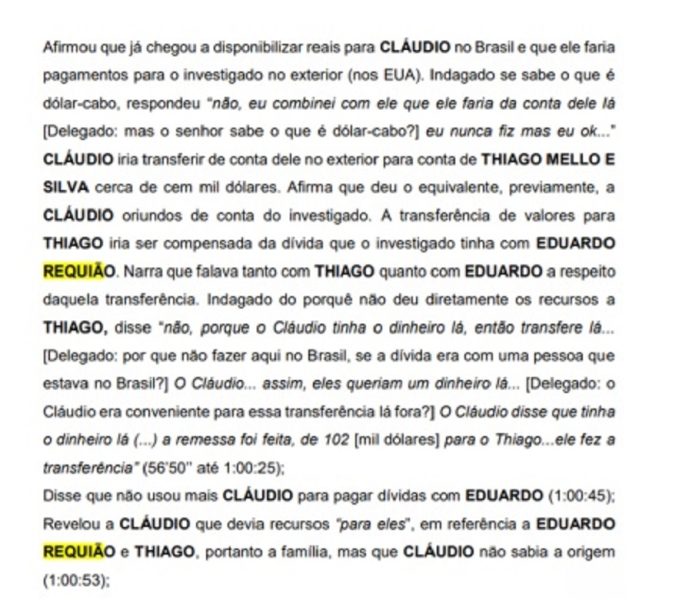 Trecho do inquérito da Polícia Federal em que um suspeito confirma que fez pagamentos no exterior a Eduardo Requião e seu filho.
